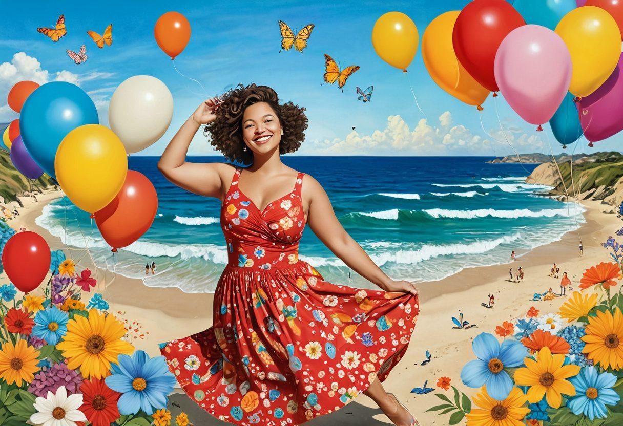 A whimsical collage depicting a curvy, joyful woman named Judy surrounded by vibrant scenes of her life, such as a festive gathering, a serene moment by the beach, and laughter with friends. Incorporate elements like flowing fabrics and warm colors to convey a sense of voluptuousness, joy, and cherished memories. Emphasize celebration and nostalgia through playful symbols and light. bright colors. collage style.