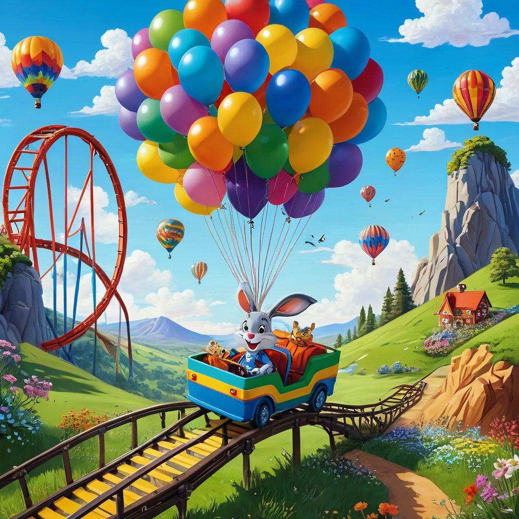 A whimsical cartoon landscape featuring a joyful character named Judy, riding a colorful roller coaster that winds through vibrant hills and curves. Surround her with cheerful animals laughing and playing, while colorful balloons float in the sky, symbolizing humor and fun. Incorporate bright, inviting colors and a sense of movement to capture the spirit of life's joyful journey. cartoon style. vibrant colors. playful atmosphere.