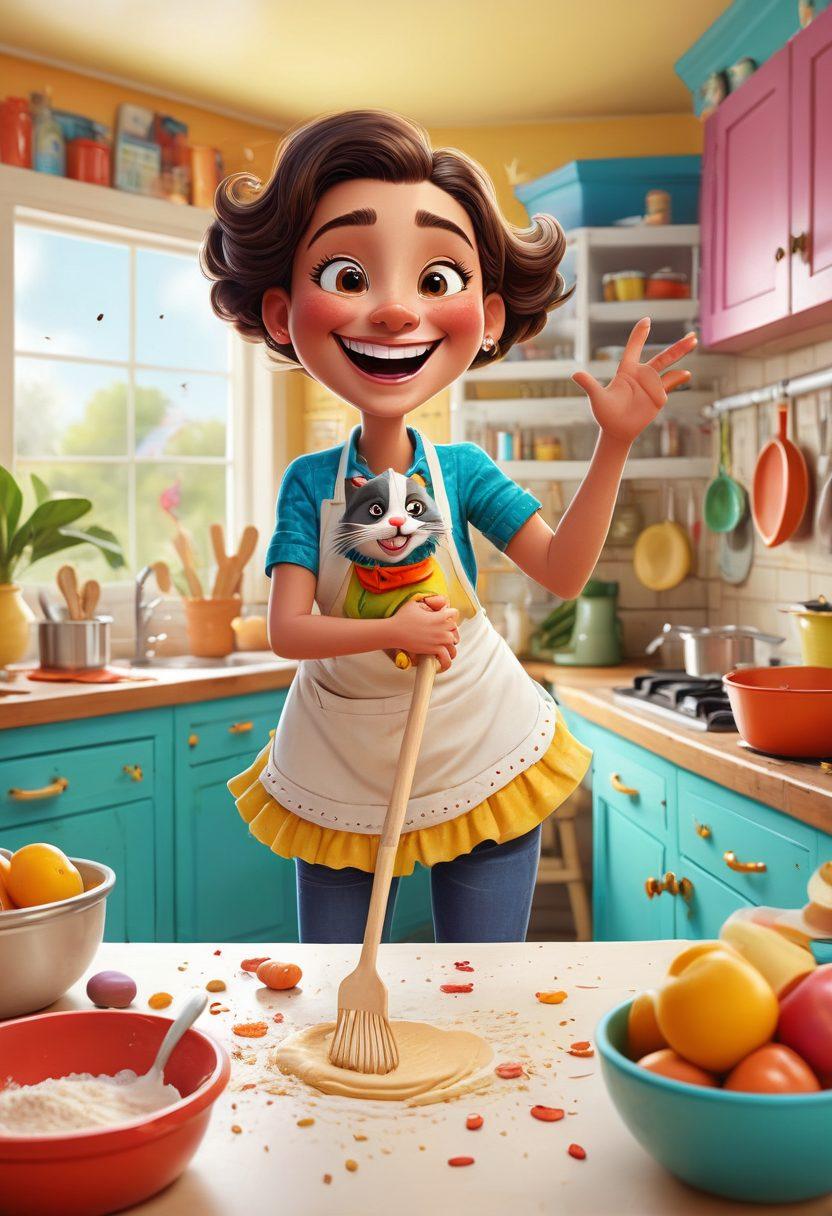 A whimsical illustration featuring a joyful character, Judy, surrounded by lively scenes of everyday adventures, like baking mishaps and playful pet antics. Laughter radiates from her as she interacts with quirky animals and vibrant, colorful objects, embodying humor and fun in everyday life. The background is filled with cheerful colors and doodles that reflect positivity and creativity. cartoon art style. vibrant colors. playful atmosphere.
